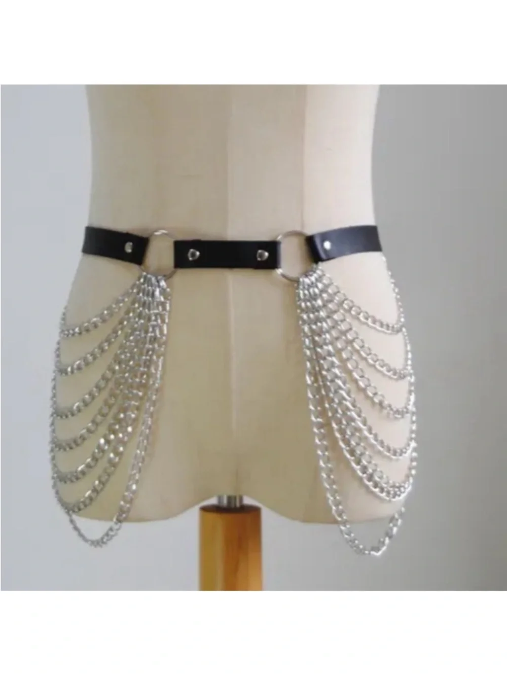 Silver Chain Fringe Layered Waist Belt with Black Leather Strap